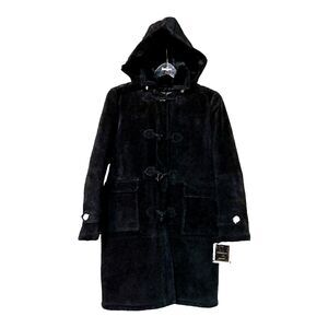 Colebrook GIII Women Black Suede Leather Toggled Hooded Winter Coat Sz Large New